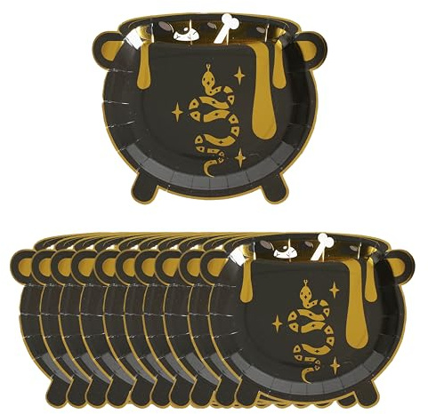 Sparkles Partyware Halloween Plates Cauldron - Pack of 40 Black and Gold Cauldron Shaped Plates with a Witch's Brew Design - Fun Novelty Halloween Party Tableware