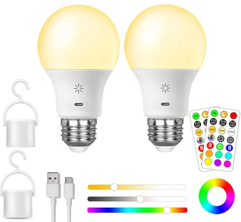 USB Rechargeable Light Bulb With Remote Control, 8W Smart RGB Color Changing Bulb, 9+3 Color Temperature, E27 LED Dimmable Touch Control Bulbs With Timing Function, 2600mah Battery Powered, A19,2 PACK