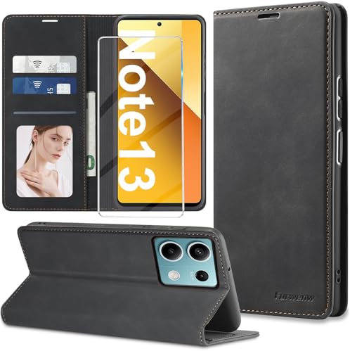 Nshkeji Handyhülle für Xiaomi Redmi Note 13 Hülle Leder mit Schutzfolie [3 Kartenfächer] Klapphülle für Xiaomi Redmi Note 13 5G Hülle Leder Wallet Klappbar Stoßfest Cover Case Tasche