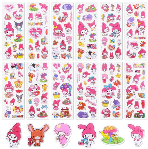 Kawaii Sticker Kinder-12 Blätt Kuromi Sticker Vinyl 3D Anime Puffy Aufkleber Mädchen Wasserfest Geschwollen Sticker Deko Set Mitgebsel Kindergeburtstag Geschenk für Laptop Skateboard Scrapbook Bottle
