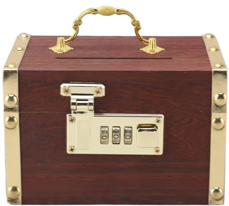 Zerodis Piggy Bank, Vintage Wood Treasure Chest Rustic Wooden Box with Password Lock Decorative Money Bank Money Saver Storage Box with Handle for Wedding Gift (With Hemmed Edges)