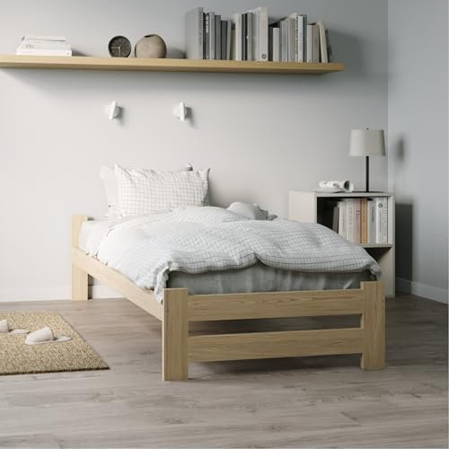 Holzbett 100x200 cm mit Lattenrost Modern Bett Bed Kiefer Massiv Bettgestell Einzelbett Massivholzbett Klassisch | Komfortabel & Langlebig | Skandinavisch Boho Landhaus Kopfteil flach natur