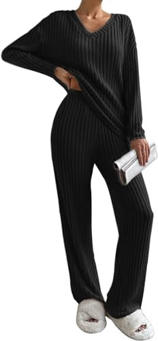 CheChury Zweiteiler Damen Lounge Set V-Ausschnitt Einfarbig Loungewear Gerippt Shirt Top Langärm mit Hose 2-Teiliges Hausanzug Jogginganzug Loungewear Nachtwäsche Hauskleidung Freizeit Outfit