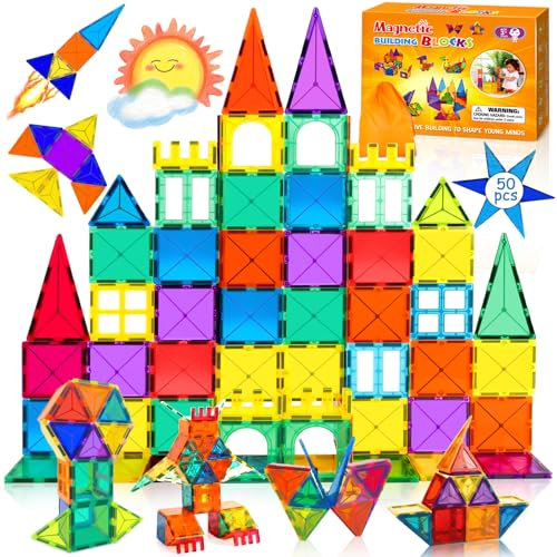 SaiXuan 50 pcs Set Magnetische Bausteine, Magnetbausteine Kinderspielzeug ab 3 4 5 6 7 8 Jahre,Starke Magnetkraft, Inklusive Aufbewahrungstasche und Anleitung, Lernspielzeug Geschenk Mädchen Junge