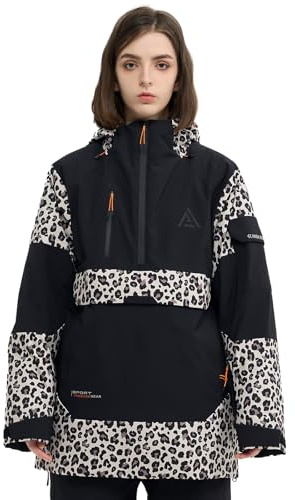 HIGH EXPERIENCE Ski Jacket Snowboard Anorak Coat Pullover Baggy Snow Hooded Insulated Hoodie Waterproof Warm for Women Men (US, Alpha, Small, Regular, Regular, Black Leopard Print)