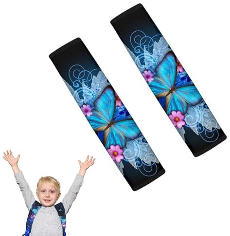 DHWEKU Voiture Protège Ceinture de Sécurité Coussin, Coussin Ceinture de Sécurité Amovible pour Adultes et Enfants Protéger Cou/Epaules,Intérieur cache-épaule grand papillon bleu fleur,2 pièces