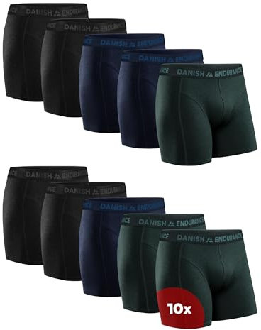 DANISH ENDURANCE 10er Pack Boxershorts Herren, Weiche Baumwolle, Unterhosen Männer Stretch, Ohne Zettel, Mehrfarbig (4xschwarz, 3xblau Melange, 3xgrün), M