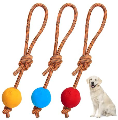 HENGBIRD 3 Pièces Balle pour Chien avec Corde, Jouet Chien Balle Corde, Jouet De Lancer De Corde, Balles en Caoutchouc, Doux Et Souple, Augmenter Le Plaisir De Votre Chien