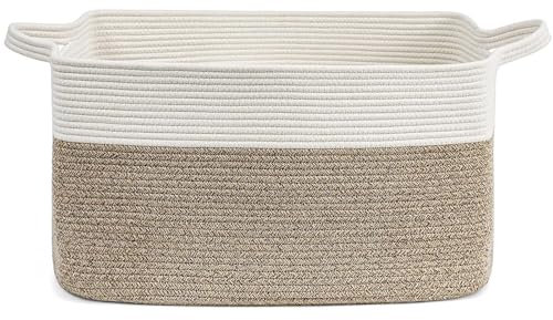 Large Foldable Woven Laundry Basket Storage with Handle for Baby Clothes Toy Blanket Bedding Towel, 55 * 38 * 30cm,Suitable for Living Room Bedroom Bathroom (Brown & White)