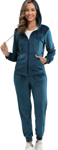 Enjyam Damen Velours Trainingsanzug Kuschelig Nicki Hausanzug 2 Teiliger Jogginganzug Samtweich Gerippt Zip Jacke und Hose mit Tasche