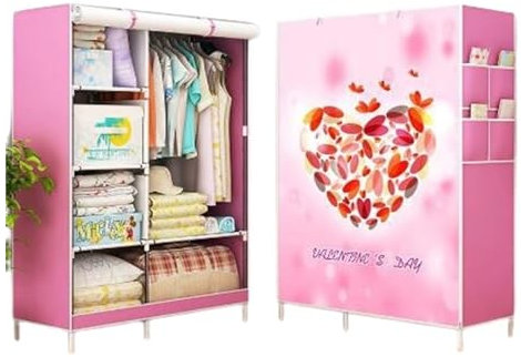 67 Zoll Einfacher Kleiderschrank mit 3D-Cartoon-Muster Dickes Verstärkungsrohr Faltbarer Staubdichter Kleiderschrank Multifunktionaler Schrank für Schlafzimmermöbel Kinderzimmer Dekor Montage