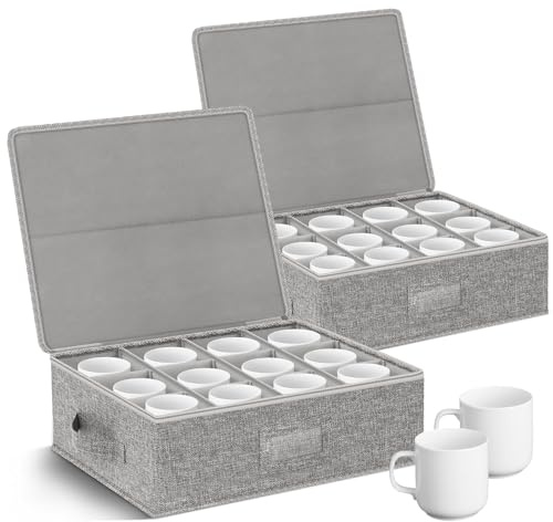 Kukikan Coffee Mug Storage Box 2 Pack with Dividers, China Storage Containers Organizer for Moving, Hard Shell & Stackable for 24 Coffee Tea Cups 5.5 Tall with Sturdy Lid & Handles, Grey