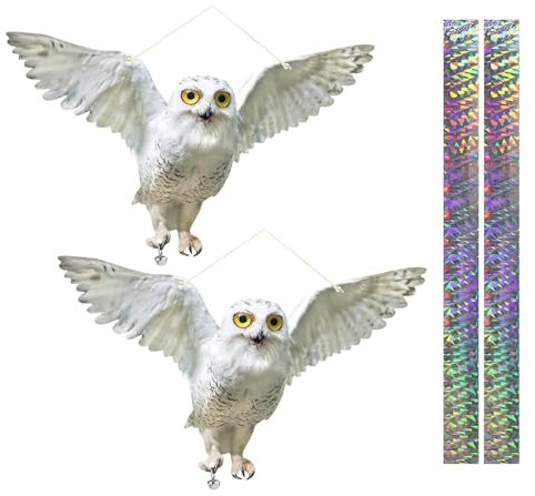 Lifreer Lot de 2 faux hiboux réfléchissants à suspendre, dispositif de contrôle des oiseaux pour garder les oiseaux loin des fenêtres de jardin ou de terrasse