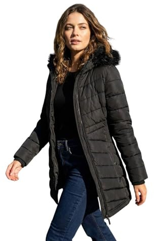 Roman Originals Quilted Padded Coat for Women UK - Ladies Parka Winter Jacket Faux Fur Trim Hooded Short Autumn Waterproof Water Resistant Everyday Holiday Comfy Work - Black - Size 12
