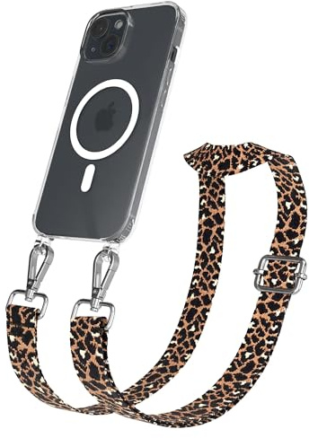 EAZY CASE Handykette - Verstellbares Taschenband kompatibel mit iPhone 15, Schulterriemen, Handykordel mit Silikon Hülle, Qi Charging kompatibel, Umhängetasche, Leo - Schwarz Braun Silber