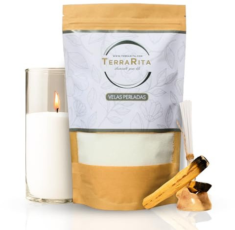 TerraRita. Kit de fabrication de bougies de sable. Kit de cire nacrée. Origine végétale. Palo Santo, mèches. Sans paraffine. Bougies blanches, non fondues, non toxiques (500 grammes)