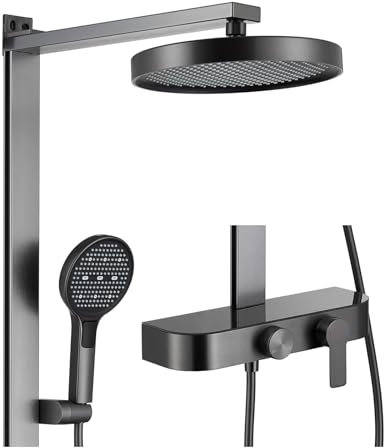 SWHC Duschsystem Grau Duschgarnitur Komplettset 3 Funktionen Duschset Regendusche Set Wandhalterung mit Duschkopf Runden, Handbrause 4 Modi Höhenverstellbar, Wanneneinlauf Wasserfall