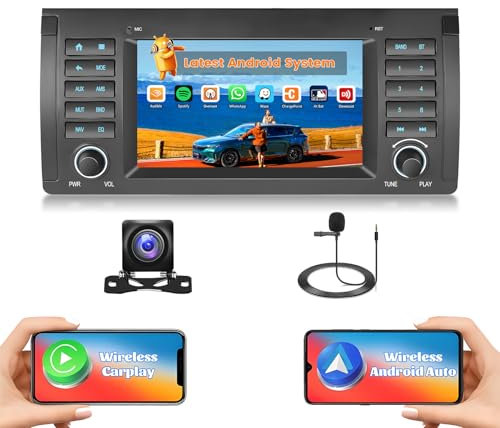 Hikity 2G+64G Android 15 Radio Coche para BMW Serie 5 E39 1996-2003 / X5 E53 2000-2007 / M5 1996-2003 con Pantalla Táctil Inalámbrica Carplay de 7 Pulgadas Android Auto RDS/FM BT GPS WiFi + Cám+Mic