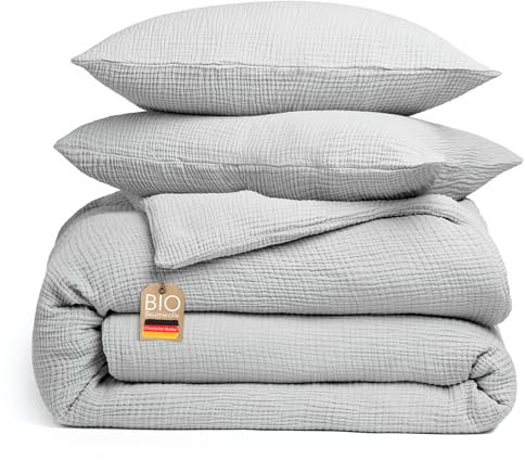 blanketino Bio Musselin Bettwäsche Set (Hellgrau, 135x200 cm + 1x Kissen 80x80 cm)