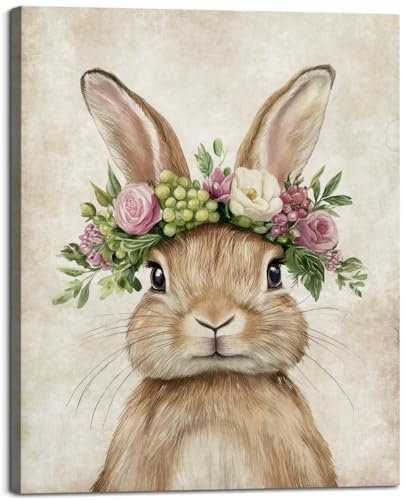 Baby Plum Leinwandbild, Motiv: Osterhase mit Blumenkrone, niedliches Häschen, Poster, Drucke, schönes Tier-Porträtbild, Kunstwerk, Girlande, Gemälde, Babyzimmer, Kinderzimmer, Schlafzimmer, Korridor