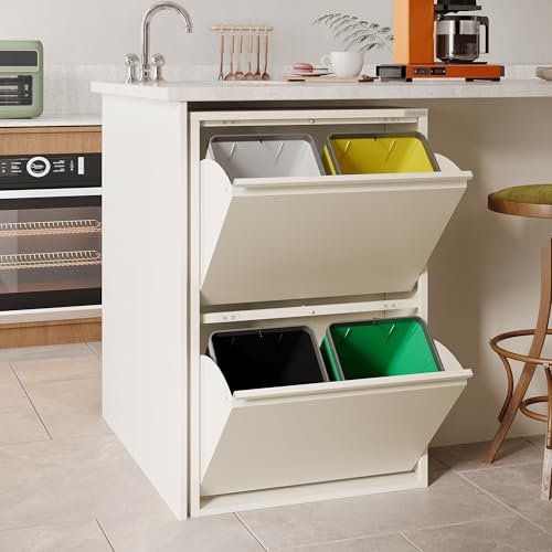 VEEHAUS Küche Mülleimer Für Den Vielseitigen Einsatz Mit Klappen Aus Edelstahl Stilvoller Abfalleimer Für Eine Effiziente Und Praktische Aufbewahrung Creme Weiß (4 x 15 LT - 60 LT)