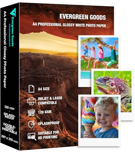 Inkjet & Laser Fotopapier, A4, glänzend, spritzwassergeschützt, 100 Blatt, 120 g/m², doppelseitig bedruckbar, für Canon, HP, Epson Drucker