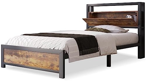 SogesPower Metallbett 90x200 cm mit Stauraum-Kopfteil & Industriedesign, Robustes Einzelbett für Erwachsene/Jugendliche, Schwarz Stahlrahmen, Werkzeugfreie Montage