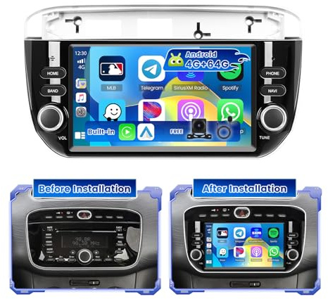 Hikity 4G+64G Android 15 Autoradio für FIAT Punto 2012-2016 7 Zoll CarPlay | Wireless CarPlay, Android Auto, UKW/RDS, BT, GPS, WiFi, SWC, Mirror Link, Rückfahrkamera, MIC.