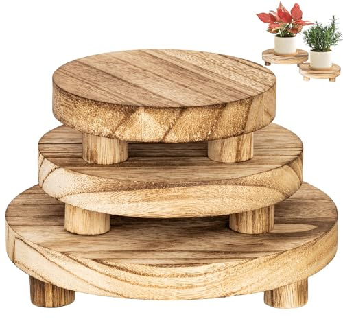 RFORPLY 3 Stück Holzhocker, runder Pflanzenständer, Bauernhaus, kleiner Pflanzenständer, runder Präsentationsständer, Holzblumentopf, unterstützt Pflanze für drinnen und draußen, Zuhause, Garten
