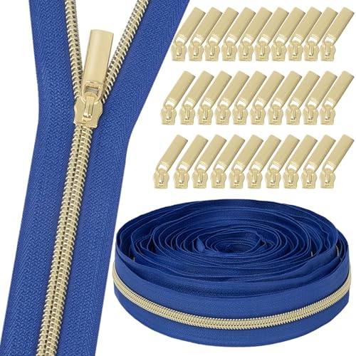 GUBOCA 9 M Reißverschluss,Näh Endlosreißverschluss mit Zipper,mit 30 Stück Reißverschlüsse Zubehör für Taschendekoration (Gold,Blau)