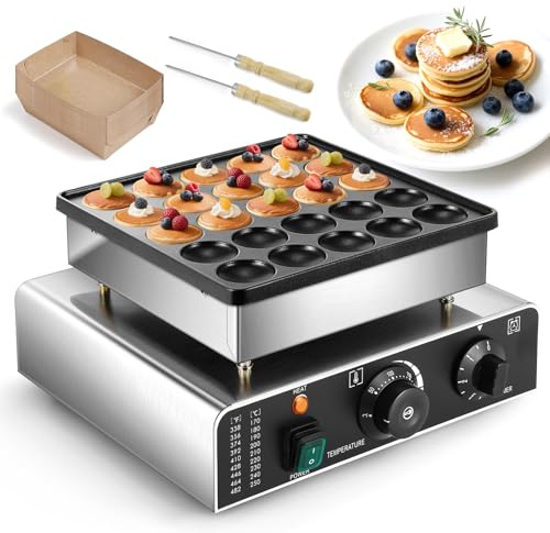 CGOLDENWALL Appareil à Dutch Pancake 25 Trous, avec Revêtement Antiadhésif, Minuterie 0-5 min et Température Réglable de 50-300 °C, Mini Crepiere Electrique pour Crêpes, Dorayaki, Poffertjes
