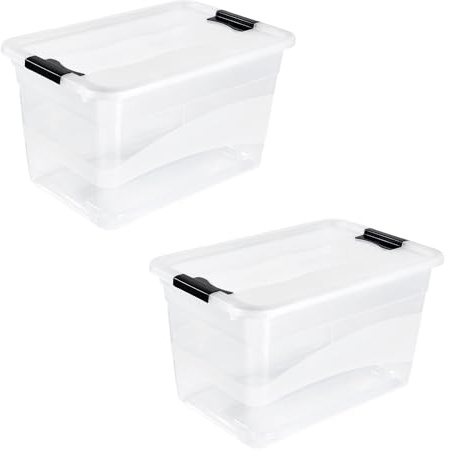 keeeper cornelia 2x Aufbewahrungsbox mit Deckel und Schiebeverschluss, 59,5 x 39,5 x 34 cm, 52 l, Transparent