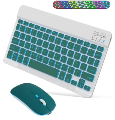 SOPPY Bluetooth Keyboard Mouse Combo, Rechargeable Backlit Mini Keyboard | 7-color backlight, 3-device switching, UK layout, ultra slim design, compatible with iPad, tablets, iOS, Android and Windows