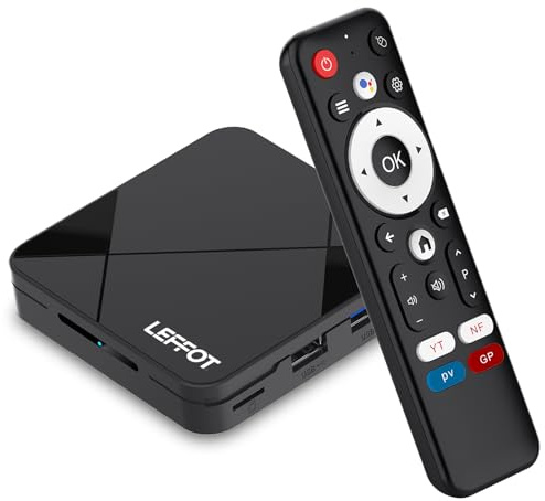 LEFFOT Android 14 TV Box, 2GB RAM + 16GB ROM, 4K Ultra HD Android TV Streaming Box, Decodificador TV con Control de Voz, 2.4G y 5G WiFi 6, 100M Ethernet, BT 5.4, USB 3.0, HDR10, RK3518 Quad-Core A53