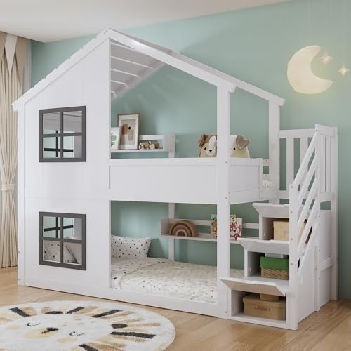 MOBETTRES Etagenbett, Kinderbett, Mit Schöne Fenster und Dach, Stabiler Lattenrost, Dreistufiger Treppenaufbewahrungs-Schrank, Kiefer + MDF+Sperrholz, Weiß+Grau, 90x200cm