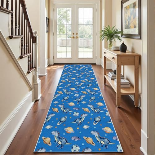 Blau Dino Teppich Läufer Flur 80x300 cm, Weltraum Dinosaurier Küchenteppich Flurläufer Lang, Süße Dino Planet Sterne Teppich Läufer Waschbar Rutschfest für Wohnzimmer Schlafzimmer kinderzimmer