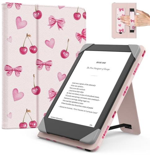 MoKo Universal Funda para 6 Pulgadas Kindle eReaders y Tableta, Cereza | Accesorios eReaders para 6 Kindle/Kobo Clara/Tolino E-Book Tablets, Funda Liviana Tipo Folio, Correa de Mano, Soporte