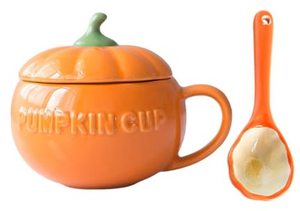 Milisten Mug Citrouille en Céramique 300 Ml Couvercle et Cuillère, Adapté pour Fêtes D’Halloween et Déjeuners