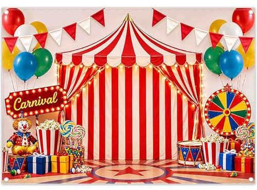 Luminora 2,1x1,5m Zirkus Karneval Polyester Hintergrund | Fotografie, Rot-Weiß gestreiftes Zirkuszelt, für Geburtstagsparty, Karnevalfest, Deko Banner Photo Booth Requisiten