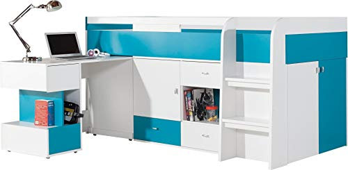 FurnitureByJDM MOBI Hochbett mit Schreibtisch, Schubladen und Regalen - Platzsparendes Kinderbett 90x200 cm mit Rechtsseitige Treppe - Jugendzimmer Komplett Set (Weiß/Türkis)