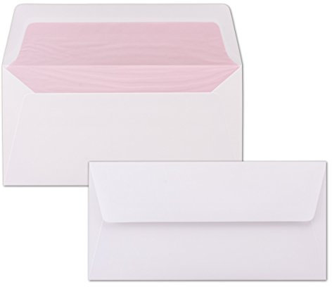 100 Briefumschläge Weiß - DIN Lang - gefüttert mit rosanem Seidenpapier - 22 x 11 cm - Nassklebung, gerade Klappe - Ideal für Einladungen und Grüße zu Geburtstag und Weihnachten