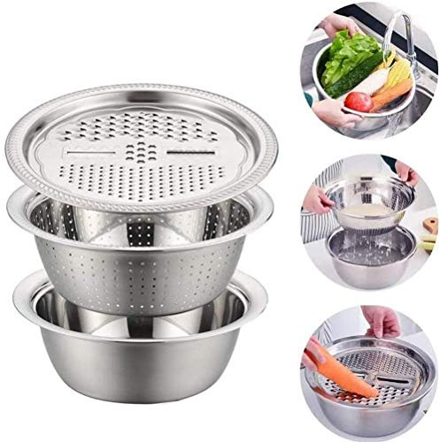 BSTCAR 3 en 1 lavabo de acero inoxidable con rallador y colador de arroz, cuenco de , escurridor de alimentos, escurridor de alimentos, rallador y rallador, herramientas de cocina multifuncional,
