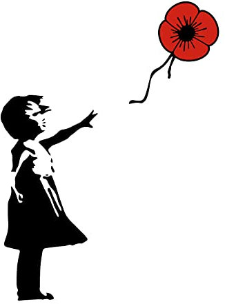 2 Stück Gedenktag Banksy-Mädchen mit Mohnblumen-Aufkleber – Lest we Forget Aufkleber | Street Art (klein – 13 cm x 9 cm)