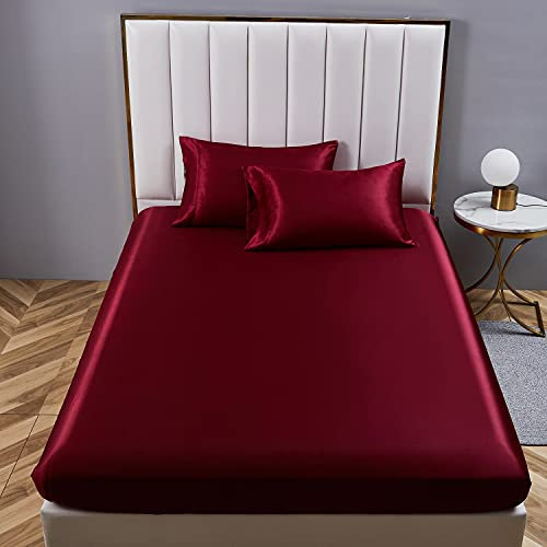 Boqingzhu Satin Spannbettlaken 90x200cm Rot Weinrot Uni Seide Spannbetttuch Microfaser Bettlaken für bis 25cm Matraze