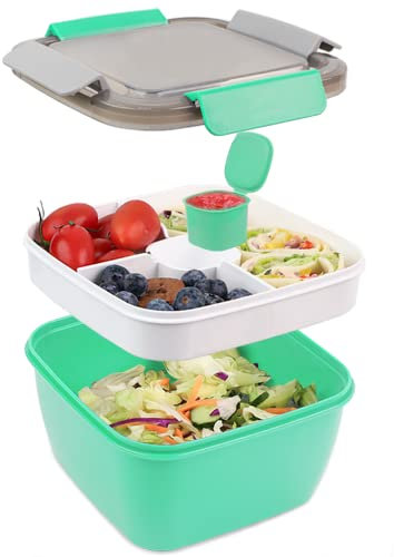 Bugucat Bento Box 1500ML, Lunchbox Salad Lunch Container to Go with 3 Compartment Tray, Salad Bowl with Dressing Container, Meal Prep to Go Containers for Food Fruit Snack, Built-in Reusable Spoon