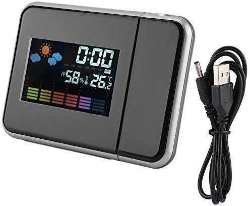 Yuecoom Projektionsuhr, LED-Farbbildschirm Wettervorhersage Uhr Faule elektronische Uhr Ewiger Kalender Wetterstation Projektionsuhr mit USB-Leitung(Schwarz)