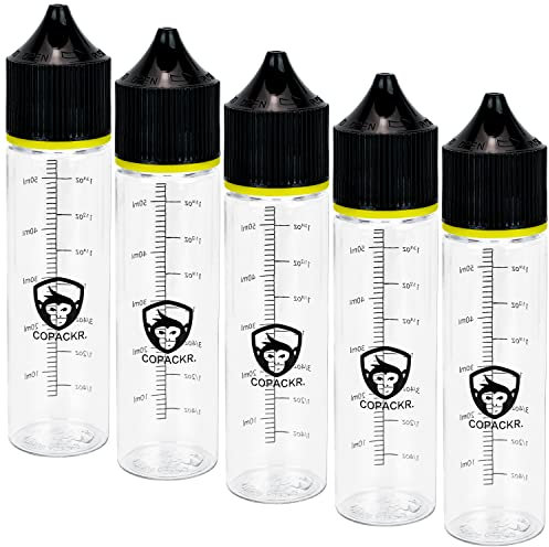 Copackr Chubby Gorilla V3 Tropfflaschen, Plastikflaschen mit Maß für Öl, Tinte und/oder Chemikalien - Perfekt für Reisen - Flüssigkeitsflaschen - mit kindersicherer Kappe - 5er-Set (60ml)