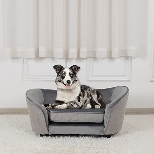 Haustier-Sofa, Bett/Samt & Leinenstoff, Haustier-Couch mit abnehmbarem und waschbarem Kissen für kleine Hunde und Katzen, Hellgrau