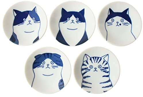 Mino ware GBS001 Mini-Teller/Schale aus japanischer Keramik, 5 Stück, 5 Katzengesichter, Weiß & Blau, hergestellt in Japan (Japan Import)