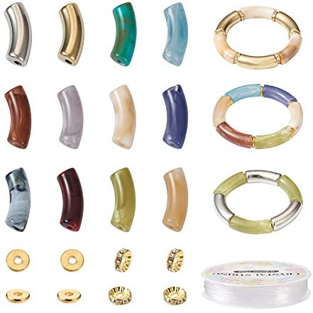 Cheriswelry Acryl Chunky Curved Tube Bamboo Beads Curved Noodle Slide Beads with Brass Spacers Beads Elastic Crystal Thread for Bracelet Jewelry Making
